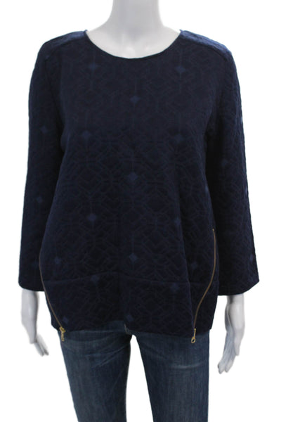 J Crew Womens Long Sleeve Crew Neck Double Side Zip Top Navy Cotton Size 6
