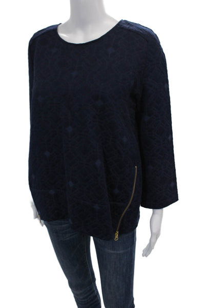 J Crew Womens Long Sleeve Crew Neck Double Side Zip Top Navy Cotton Size 6