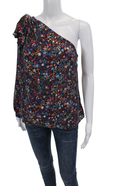 J Crew Womens Ruffled One Shoulder Long Sleeve Star Top Navy Multi Size 6