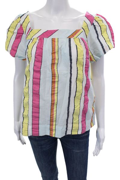 J Crew Womens Short Sleeve Square Neck Striped Top Blue Multi Cotton Size Small
