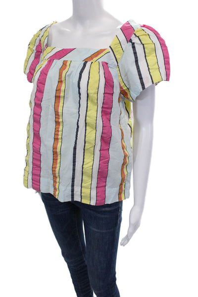 J Crew Womens Short Sleeve Square Neck Striped Top Blue Multi Cotton Size Small