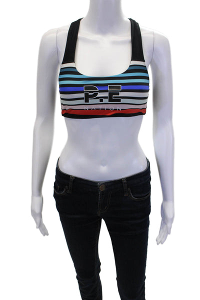 PE Nation Womens Striped Scoop Neck Racerback Sports Bra Black Multicolor Sz XS