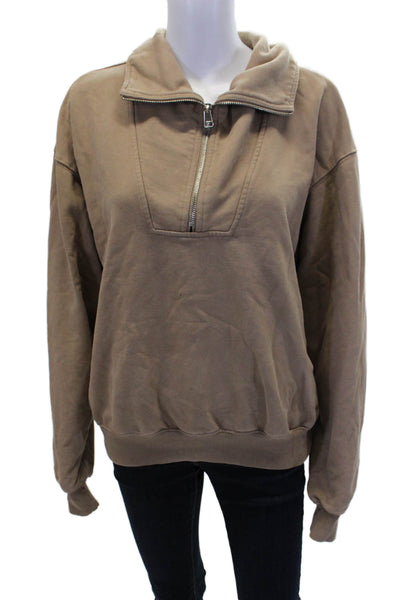 Good American Womens Cotton Half Zip Collar Long Sleeve Sweatshirt Brown Size 0
