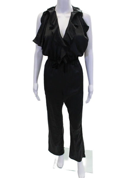 For Love And Lemons Womens Ruffle V-Neck Open Back Jumpsuit Black Size XS
