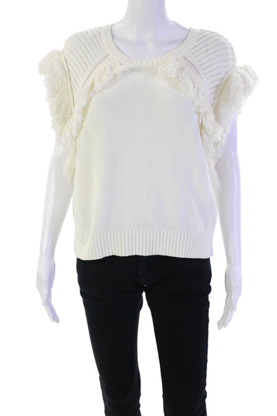BCBGMAXAZRIA Womens Cap Sleeve Scoop Neck Fringe Knit Top White Size Medium