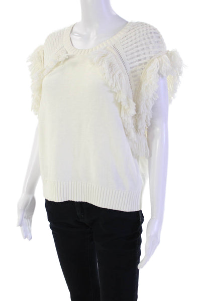 BCBGMAXAZRIA Womens Cap Sleeve Scoop Neck Fringe Knit Top White Size Medium