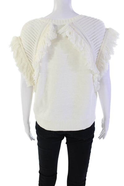 BCBGMAXAZRIA Womens Cap Sleeve Scoop Neck Fringe Knit Top White Size Medium