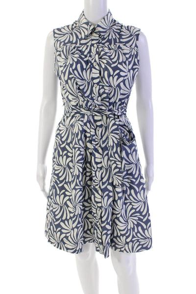 Merona Womens Button Front Belted Abstract Collared Dress Blue White Size 8