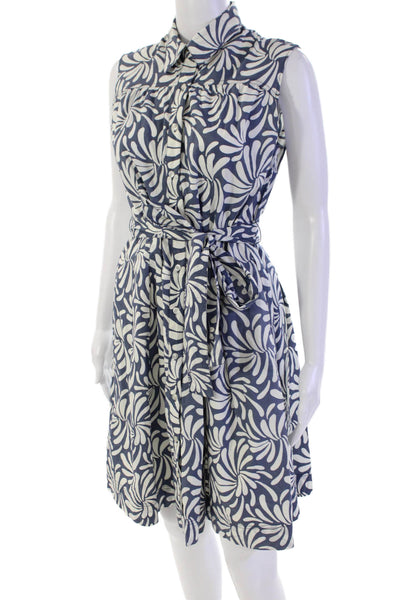 Merona Womens Button Front Belted Abstract Collared Dress Blue White Size 8