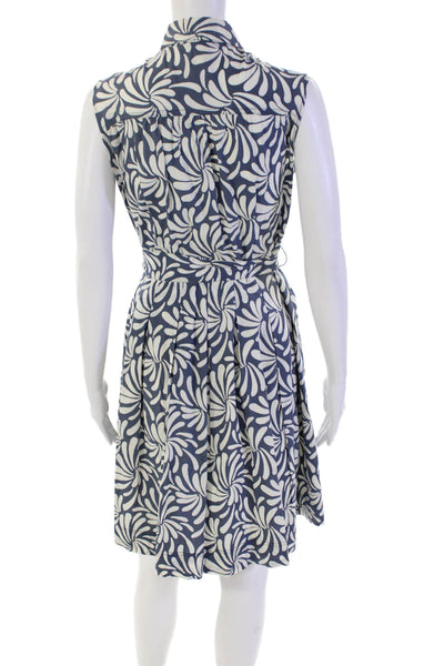 Merona Womens Button Front Belted Abstract Collared Dress Blue White Size 8