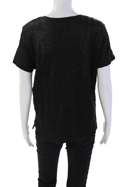 ATM Women's Round Neck Short Sleeves Sparkle Slit Hem T-Shirt Black Size L