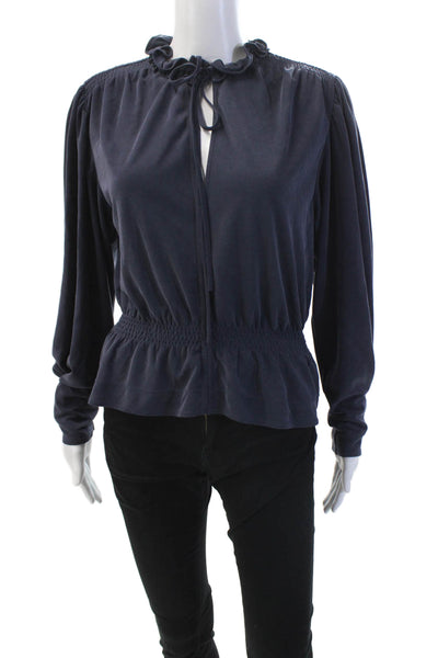 Rebecca Taylor Womens Long Sleeve Y-Neck Tied Peplum Blouse Blue Size S