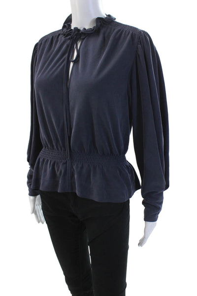 Rebecca Taylor Womens Long Sleeve Y-Neck Tied Peplum Blouse Blue Size S