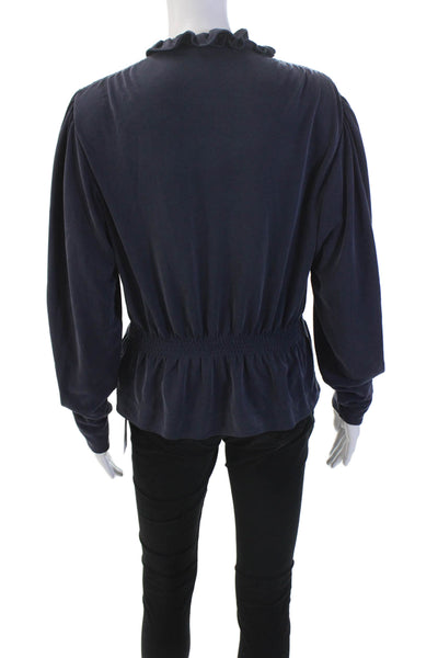 Rebecca Taylor Womens Long Sleeve Y-Neck Tied Peplum Blouse Blue Size S