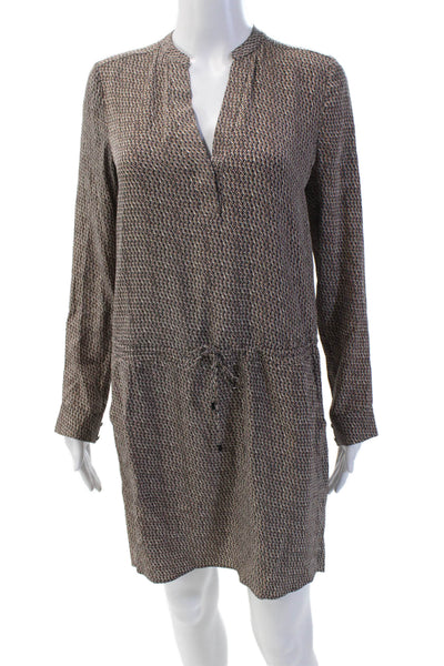 Vince Womens Geometric Print Long Sleeve Drawstring Sheath Dress Brown Size 2