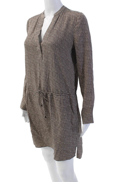 Vince Womens Geometric Print Long Sleeve Drawstring Sheath Dress Brown Size 2