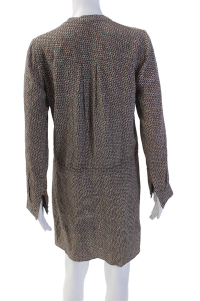 Vince Womens Geometric Print Long Sleeve Drawstring Sheath Dress Brown Size 2