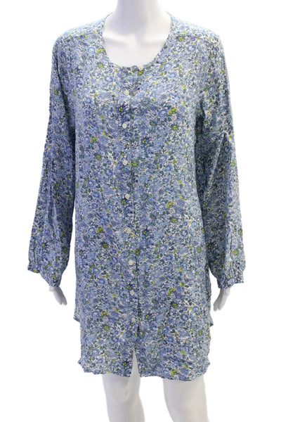 J Crew Womens Long Sleeve Button Front Floral Mini Dress White Blue Size Small