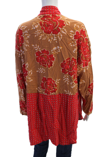 Free People Womens Floral Print Long Sleeves Blouse Red Brown Size Small