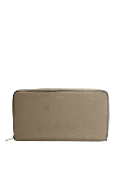 Celine Womens Leather Zip Around Silver Tone Clutch Wallet Sand Beige