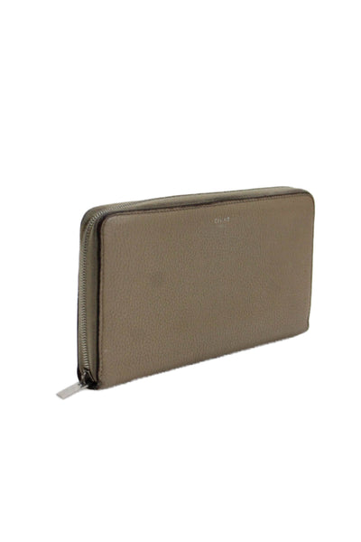 Celine Womens Leather Zip Around Silver Tone Clutch Wallet Sand Beige