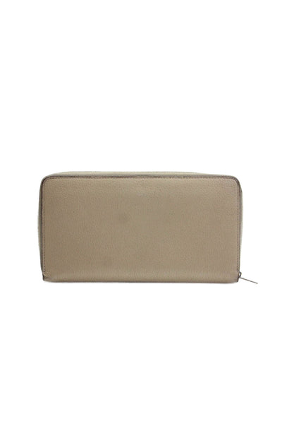 Celine Womens Leather Zip Around Silver Tone Clutch Wallet Sand Beige