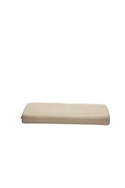 Celine Womens Leather Zip Around Silver Tone Clutch Wallet Sand Beige