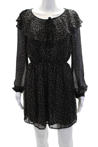 XXI Womens Textured Long Sleeve V-neck Printed Short Dress Black Size L