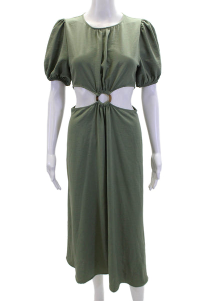Zara Womens Textured Short Sleeve Round Neck Cut Out Long Dress Green Size S