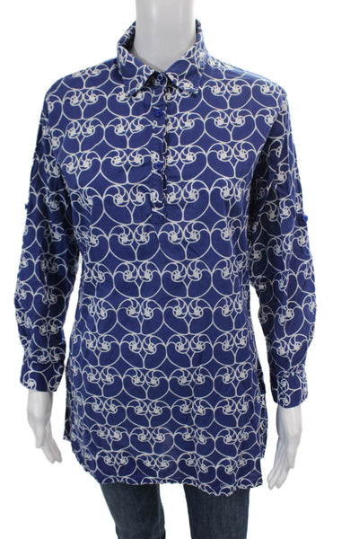 Three Islands Womens Cotton Printed Collar Long Sleeve Tunic Top Blue Size S