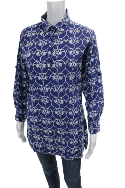 Three Islands Womens Cotton Printed Collar Long Sleeve Tunic Top Blue Size S