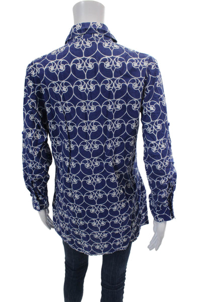 Three Islands Womens Cotton Printed Collar Long Sleeve Tunic Top Blue Size S