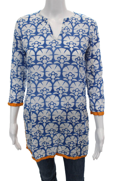 Oliphant Womens Cotton Printed V-neck Long Sleeve Tunic Top Blue Size XS