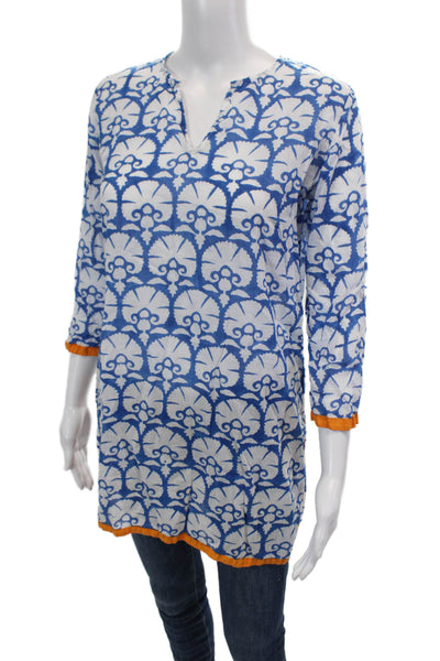 Oliphant Womens Cotton Printed V-neck Long Sleeve Tunic Top Blue Size XS