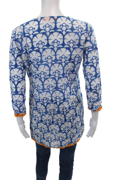 Oliphant Womens Cotton Printed V-neck Long Sleeve Tunic Top Blue Size XS