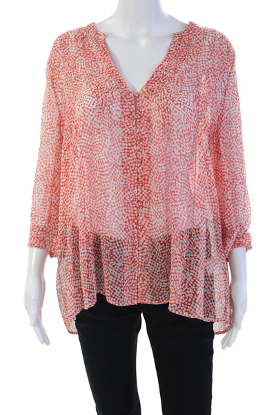 Joie Womens Silk Abstract V-Neck Button Up Long Sleeve Blouse Top Orange Size S