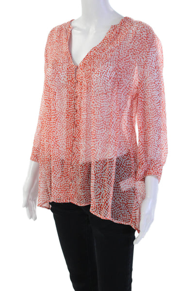Joie Womens Silk Abstract V-Neck Button Up Long Sleeve Blouse Top Orange Size S