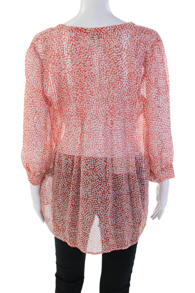 Joie Womens Silk Abstract V-Neck Button Up Long Sleeve Blouse Top Orange Size S
