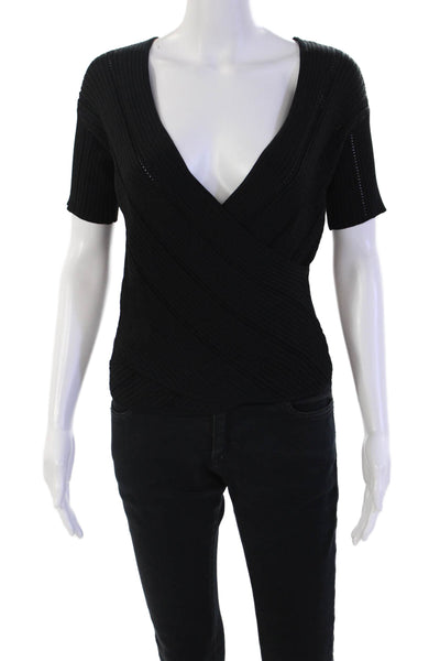 Jonathan Simkhai Womens Ribbed V-Neck Cropped Short Sleeve Top Black Size M