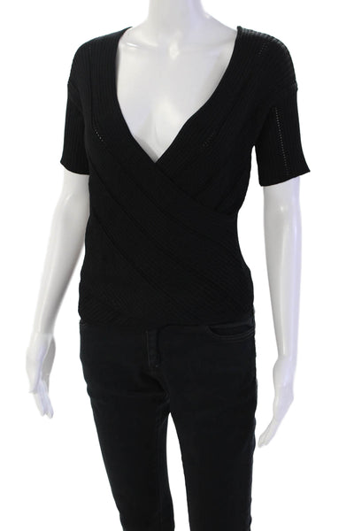 Jonathan Simkhai Womens Ribbed V-Neck Cropped Short Sleeve Top Black Size M