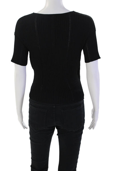 Jonathan Simkhai Womens Ribbed V-Neck Cropped Short Sleeve Top Black Size M