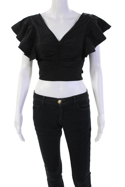 Intermix Womens Cotton Ruffled Sleeve V-Neck Ruched Detail Crop Top Black Size S