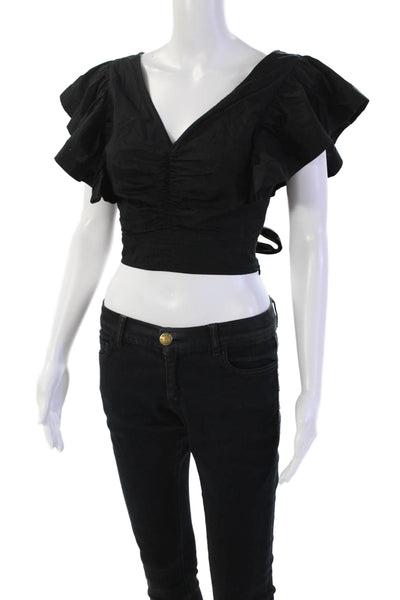 Intermix Womens Cotton Ruffled Sleeve V-Neck Ruched Detail Crop Top Black Size S
