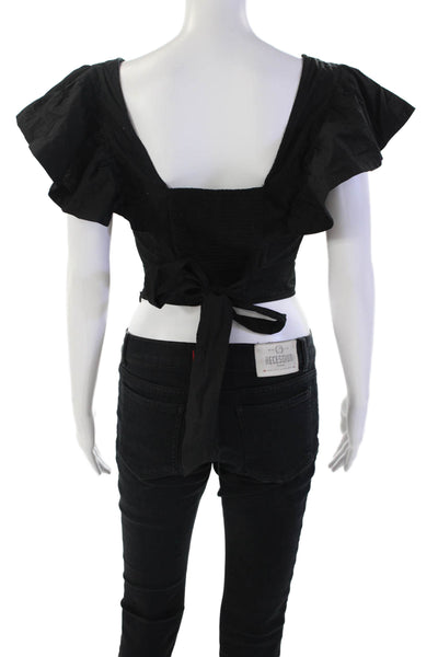 Intermix Womens Cotton Ruffled Sleeve V-Neck Ruched Detail Crop Top Black Size S