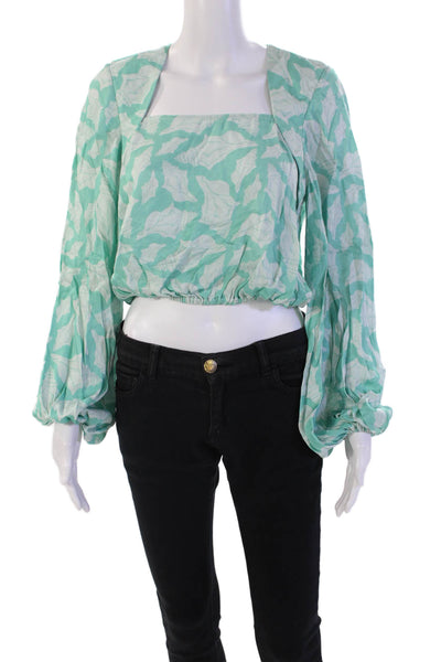 Azulu Womens Square Neck Shell Print Peasant Sleeve Crop Top Green Size S