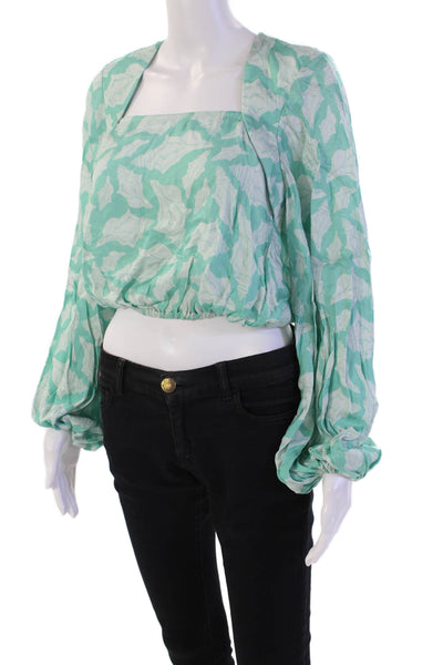 Azulu Womens Square Neck Shell Print Peasant Sleeve Crop Top Green Size S