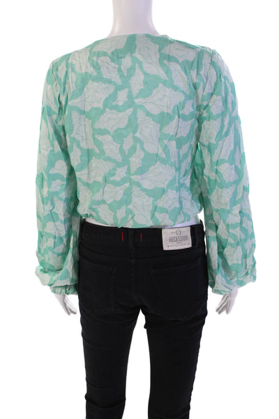 Azulu Womens Square Neck Shell Print Peasant Sleeve Crop Top Green Size S