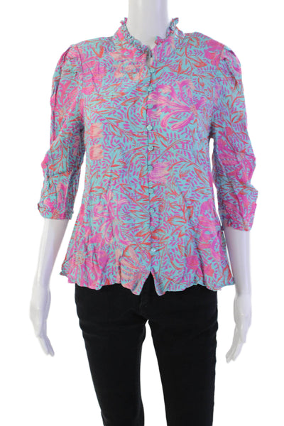 Jen's Pirate Booty Floral Print Ruffled Neck Trim Buttoned Blouse Blue Size S