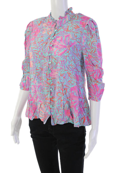 Jen's Pirate Booty Floral Print Ruffled Neck Trim Buttoned Blouse Blue Size S