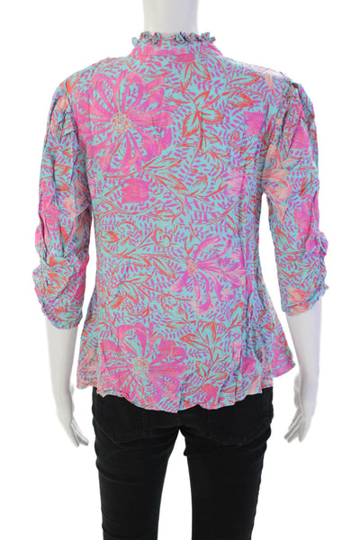 Jen's Pirate Booty Floral Print Ruffled Neck Trim Buttoned Blouse Blue Size S